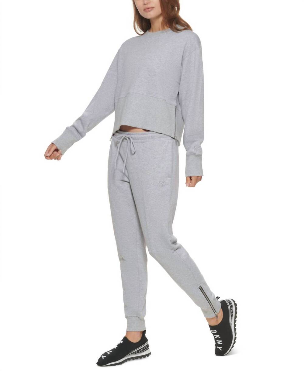 NEW DKNY fleece cropped crew neck pullover top in pearl gray